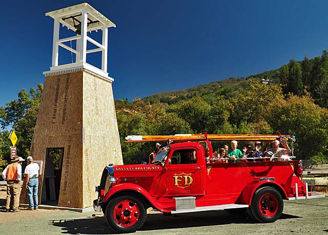 Bell tower and old firetruck at Pioneer Day, 10/10/15